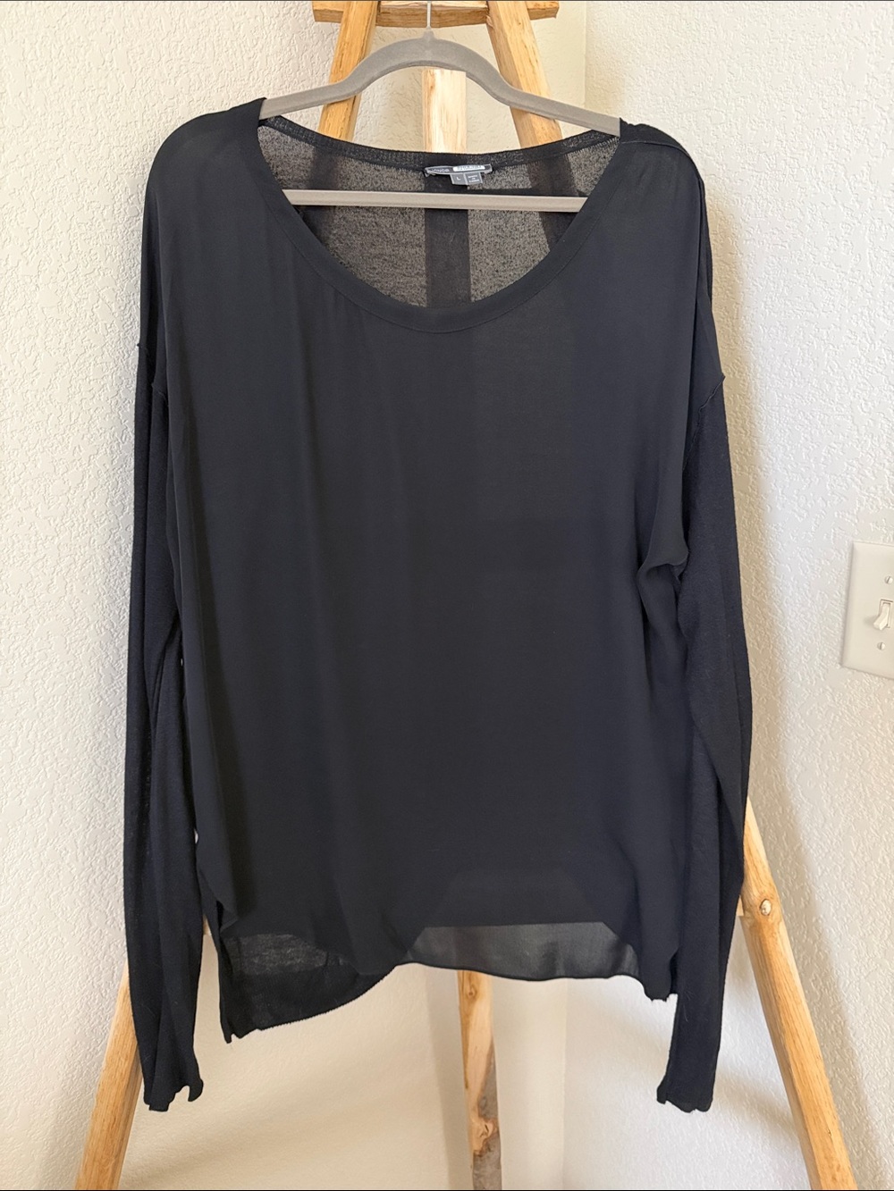 Vince Mixed Media Black Long-Sleeve Scoop Neck Top